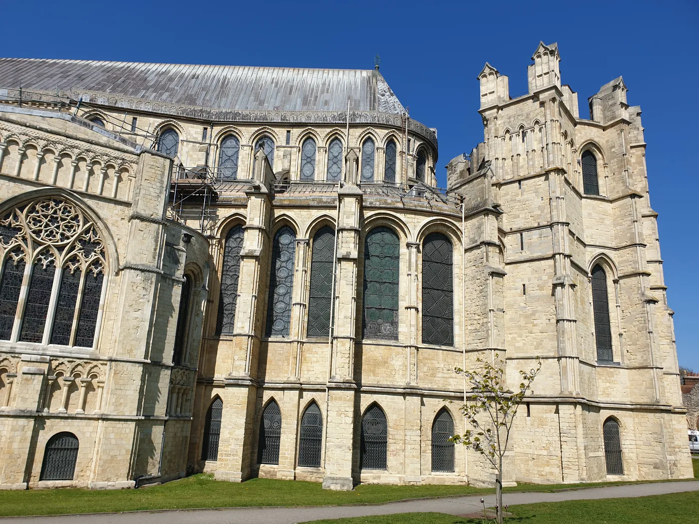 Canterbury Cathedral and its central tower seen from the precincts