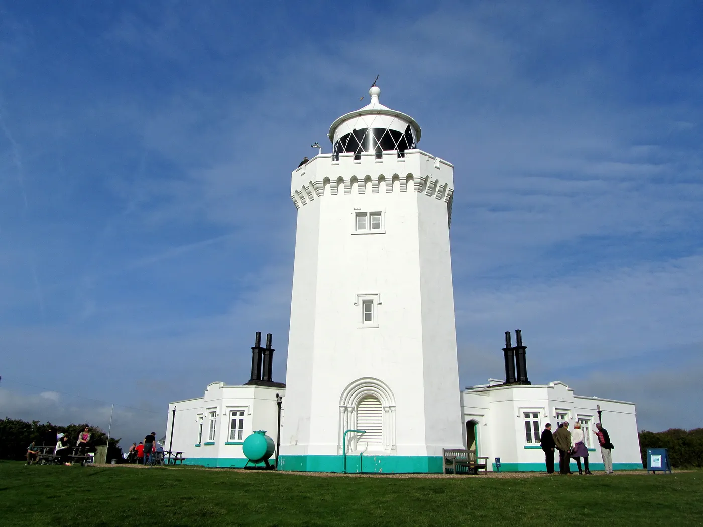 The white South Foreland Lighthouse on the clifftop near Dover