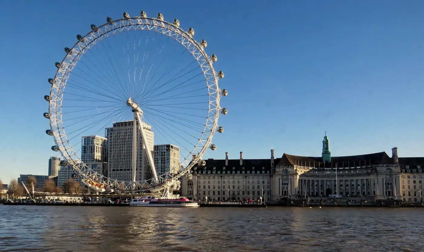 The London Eye beside the County Hall building on the South Bank