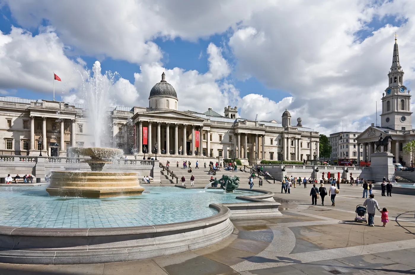 Trafalgar Square with Nelson's Column, fountains and the National Gallery
